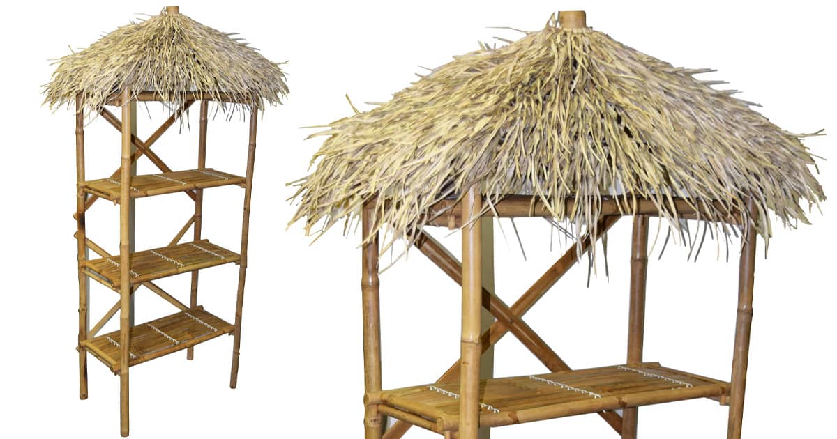 Tropical Bamboo Bookcase with a Dried Palm Leaves Palapa Roof